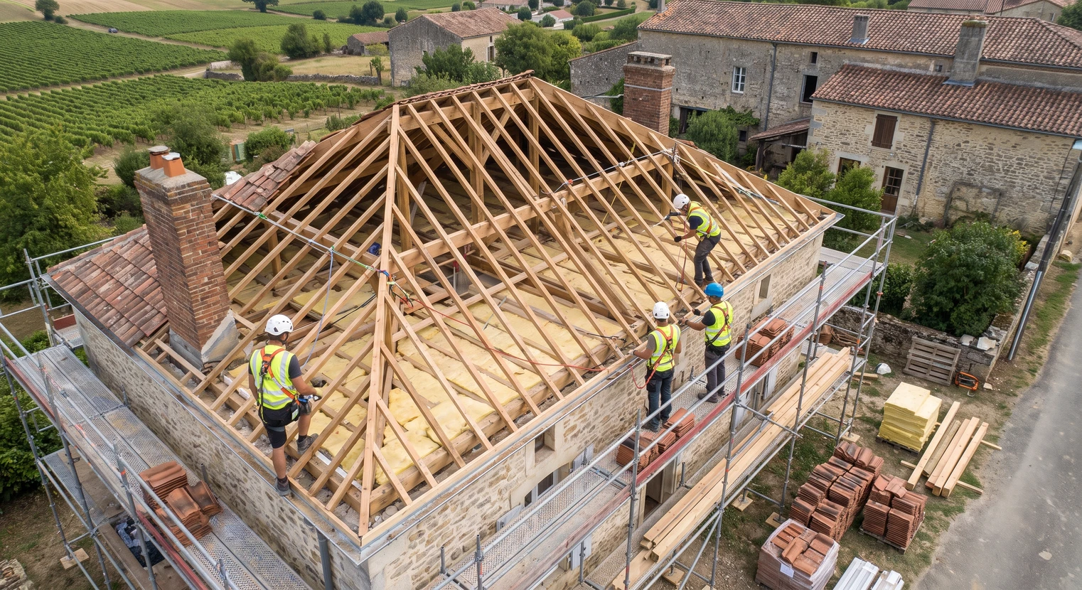 Vue aérienne prise au drone d'une maison individuelle en cours de rénovation de toiture avec la structure de charpente partiellement visible, équipe de couvreurs travaillant sur le toit, matériaux de couverture empilés, étais de sécurité installés, avec le paysage environnant visible en arrière-plan. L'image doit montrer l'ampleur et le détail du chantier depuis la hauteur, illustrant le savoir-faire et la complexité de la rénovation toiture-charpente documentée par drone.