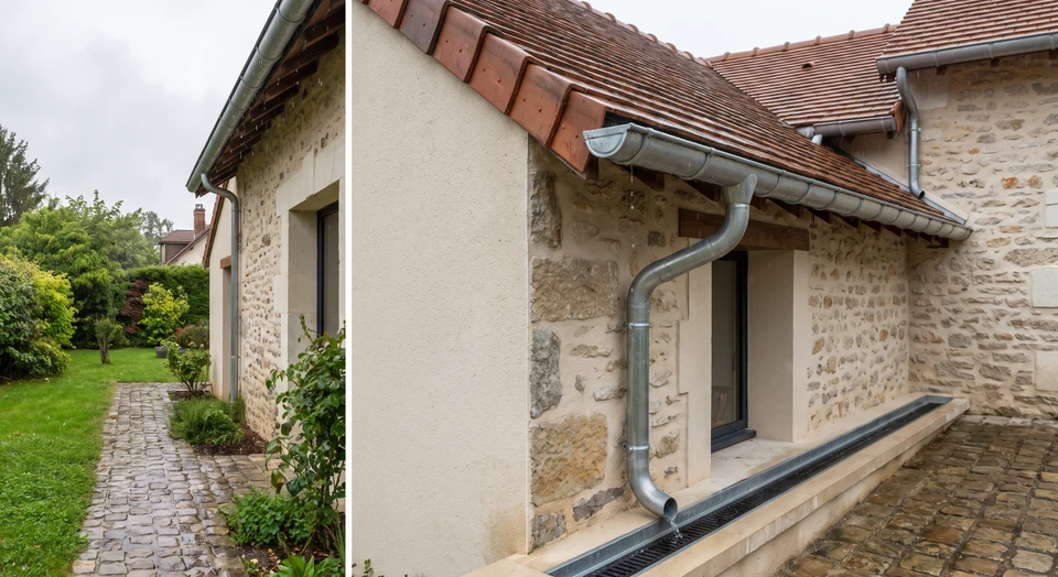 Photographie d'une habitation résidentielle vue de l'extérieur, montrant le long de sa façade un système de gouttière métallique ou PVC bien installé, raccordée à des descentes qui canalysent l'eau de pluie loin de la base du bâtiment. La scène montre clairement l'évacuation efficace des eaux pluviales depuis le toit jusqu'au sol, avec un temps humide ou nuageux pour évoquer une protection contre les infiltrations. L'accent est mis sur la qualité de l'installation, la continuité du système et son efficacité à préserver l'intégrité de la structure.