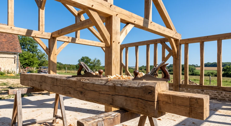 Gros plan sur une structure de charpente traditionnelle en bois massif, montrant des poutres et chevrons travaillés à la main, avec les assemblages en tenons-mortaises visibles, essence de bois noble claire (chêne ou sapin), texture brute et travaillée à la main, sous un éclairage naturel mettant en valeur la qualité du bois et le savoir-faire artisanal.