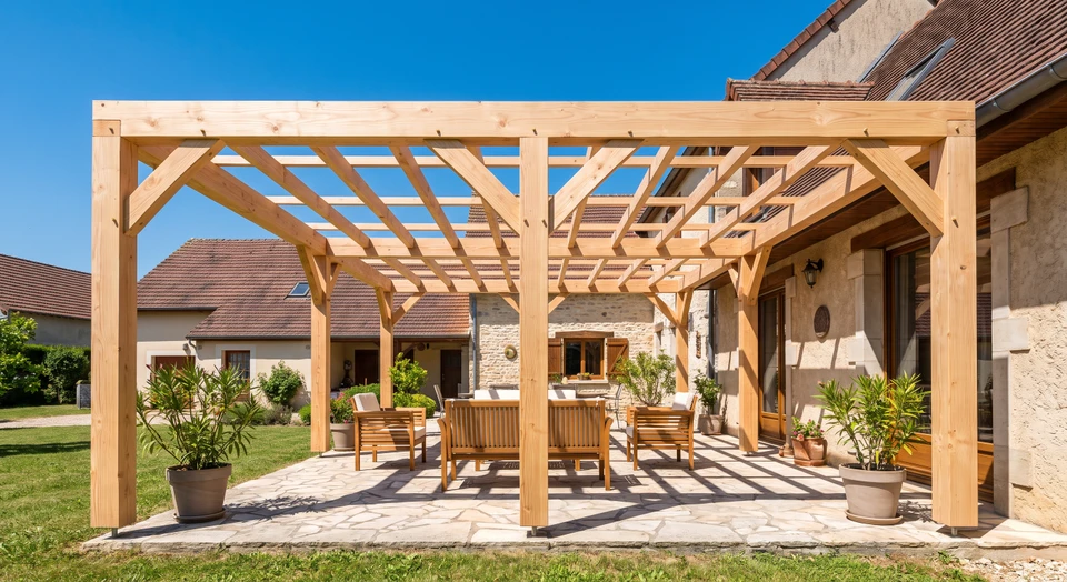 Vue d'une pergola en bois massif de couleur naturelle claire, construite sur mesure, installée dans un jardin résidentiel ensoleillé. La structure est photographiée depuis l'angle permettant de voir l'ensemble de la pergola couvrant une terrasse. On observe les poutres horizontales et les lames transversales, les ombres créées au sol par les lattes, et l'espace aéré sous la pergola transformant la terrasse en véritable zone de séjour extérieur ombragé. Maison de style régional en arrière-plan. Qualité professionnelle, ambiance claire et invitante.