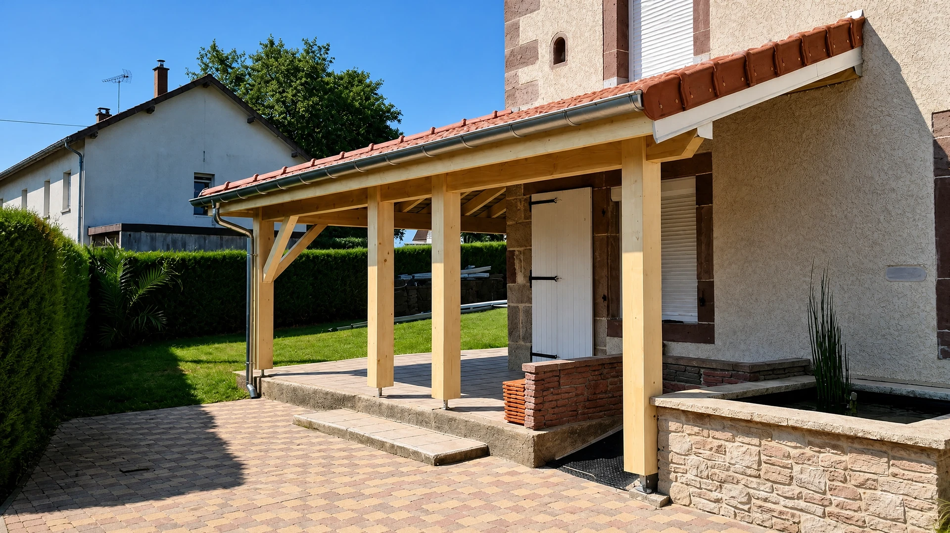 Extérieur résidentiel avec carport en bois abritant un véhicule utilitaire blanc
