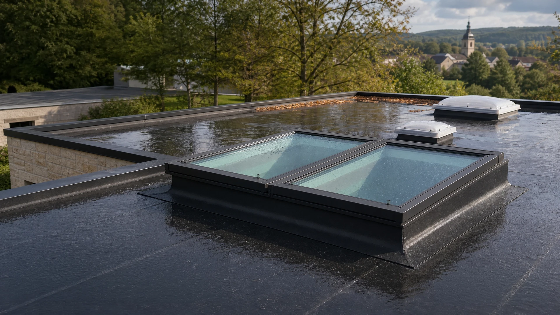 Toit plat commercial sous forte pluie avec évacuation d'eau pluviale