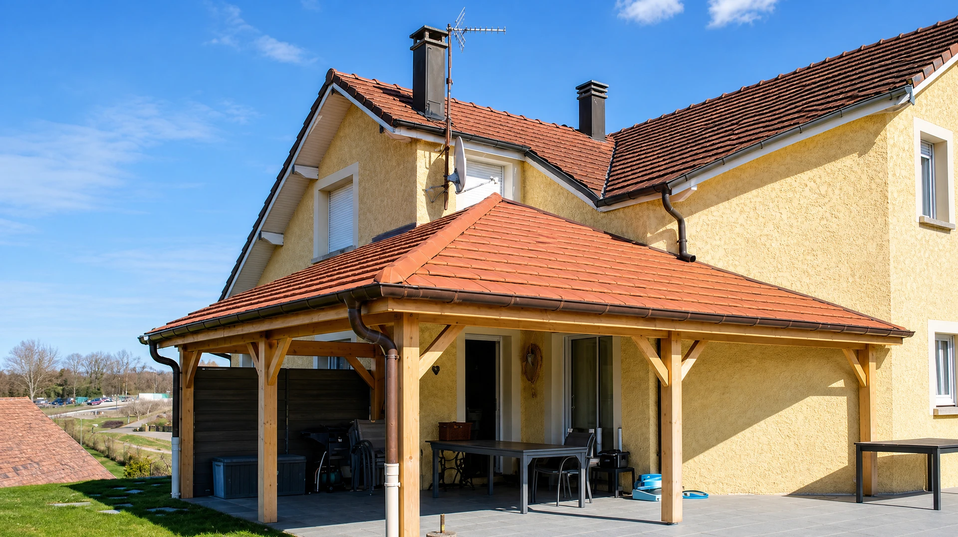 Façade extérieure d'une maison résidentielle moderne avec bardage horizontal bleu foncé et garnitures blanches