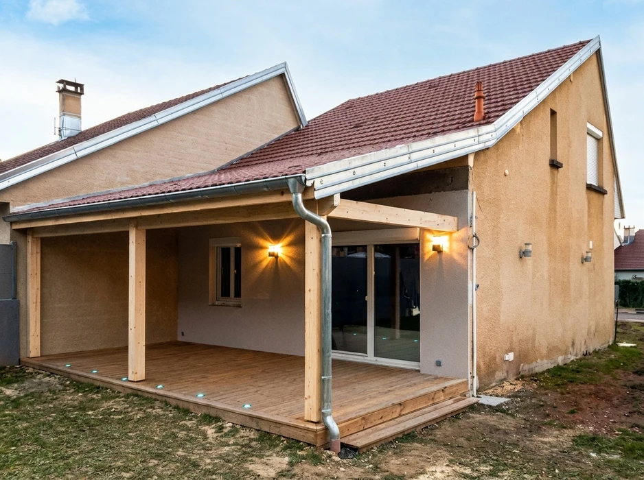 Construction d'une maison en bois en cours, structure à ossature bois avec bardage horizontal naturel, fondations en béton apparent