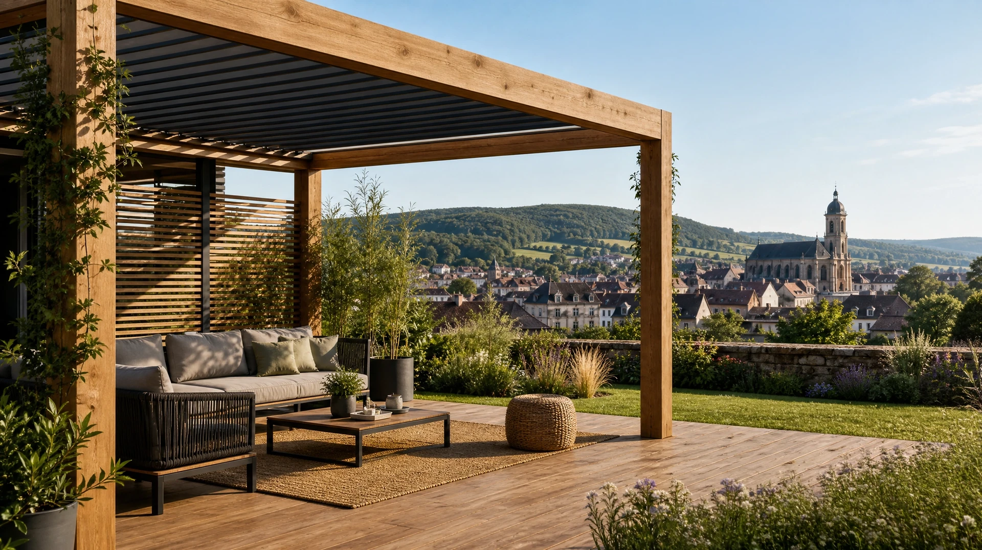 Photographie réaliste d'une toiture rénovée en ardoise ou tuiles de qualité, mise en place sur une maison traditionnelle en Haute-Saône, avec détail visible de la charpente bois et de l'isolation par l'extérieur en arrière-plan. L'image doit montrer le travail professionnel d'un artisan couvreur-charpentier et refléter la qualité et la précision des interventions de l'entreprise. Pas de personnages en premier plan, focus sur la qualité de la réalisation constructive.