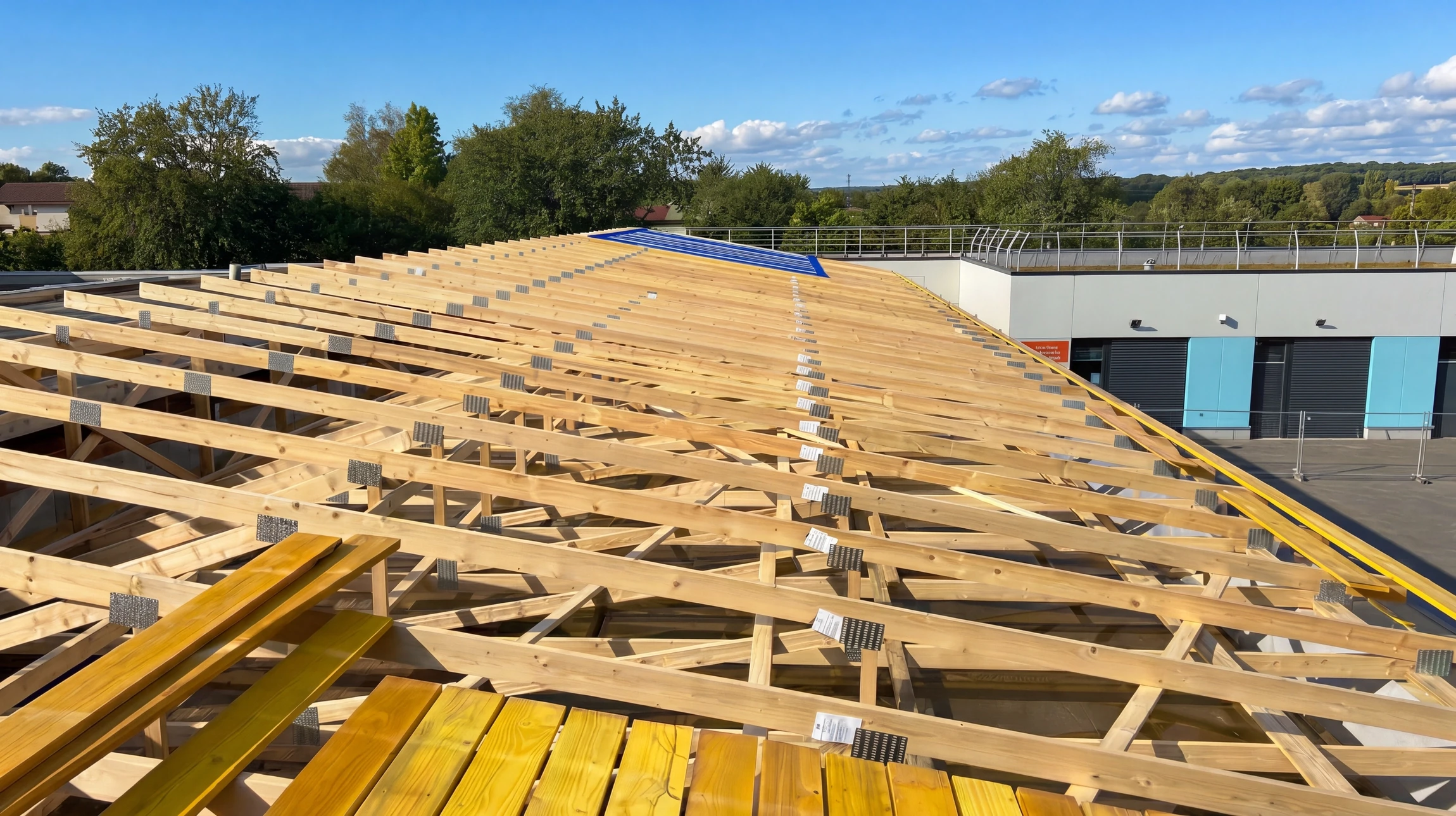 Chantier de construction extérieur avec charpente en bois massif en cours d'assemblage sous ciel bleu nuageux