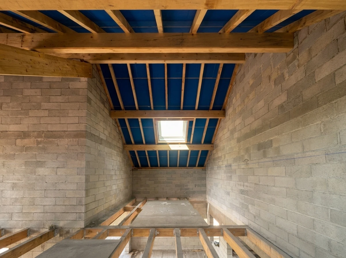 Combles aménageables d'un bâtiment en rénovation avec charpente en bois traditionnelle apparente