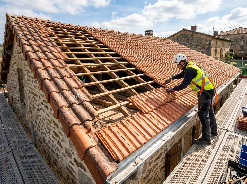 Ouvrier couvreur en équipement de sécurité installant des tuiles photovoltaïques sur toiture résidentielle par temps ensoleillé